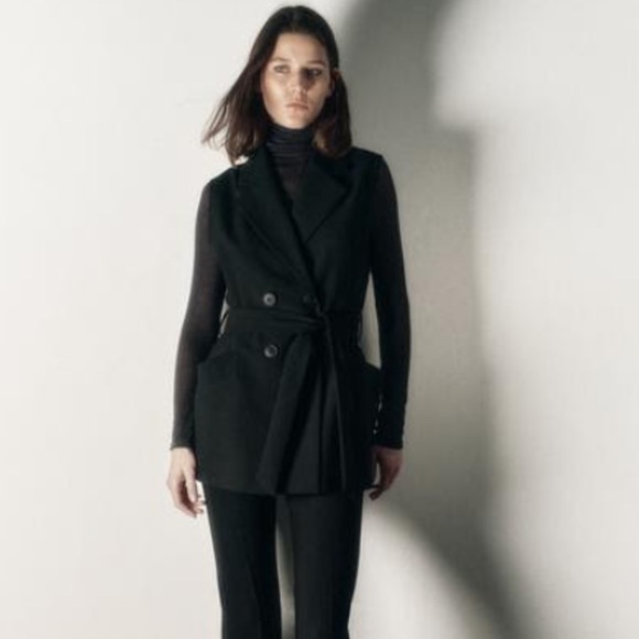 Zara Small Belted Double Breasted Vest Blazer - Black - Picture 7 of 12